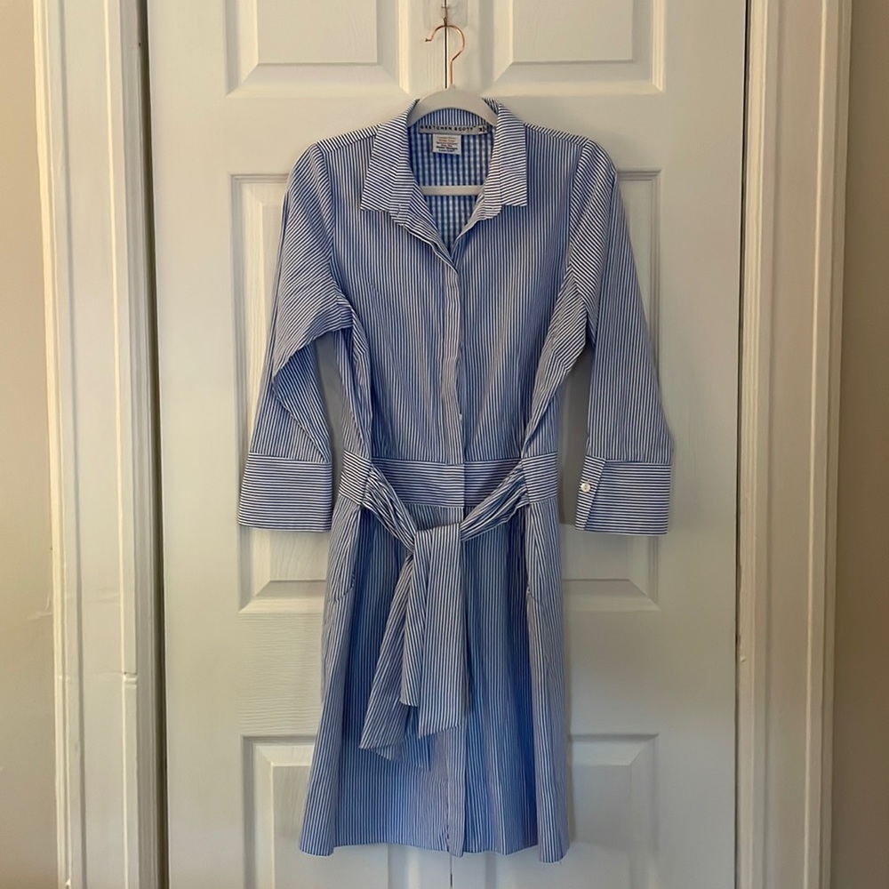 Blue & white stripe Gretchen Scott shirt dress. Sz M